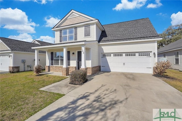 view of front of property featuring driveway, an attached garage, a front yard, a porch, and brick siding