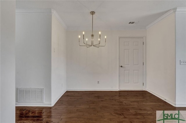 unfurnished dining area featuring ornamental molding, visible vents, and wood finished floors