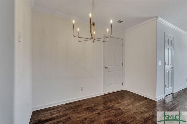 unfurnished dining area featuring baseboards, visible vents, dark wood finished floors, and crown molding