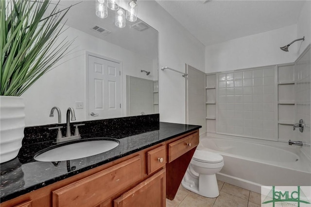 bathroom with visible vents, toilet, vanity, shower / tub combination, and tile patterned flooring