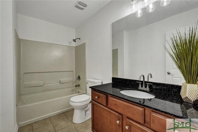 bathroom with visible vents, toilet, tile patterned floors,  shower combination, and vanity