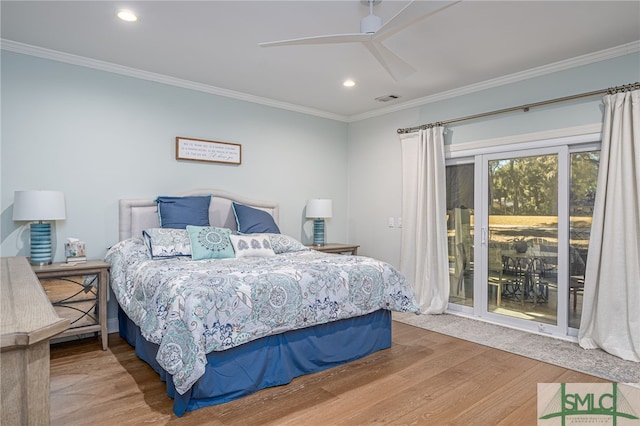 bedroom featuring recessed lighting, wood finished floors, access to exterior, a ceiling fan, and crown molding