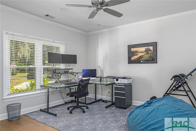 home office featuring baseboards, visible vents, ornamental molding, and ceiling fan