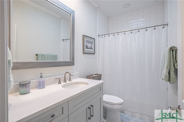 full bathroom with tile patterned floors, curtained shower, toilet, and vanity