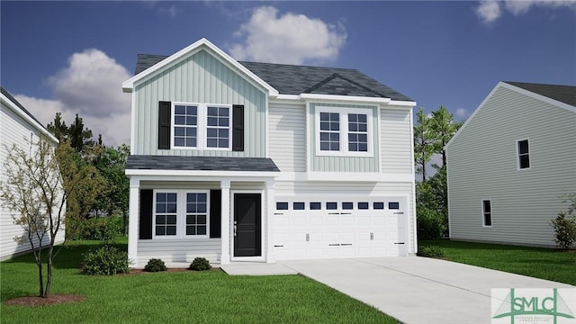 traditional home featuring driveway, board and batten siding, a shingled roof, a front lawn, and a garage