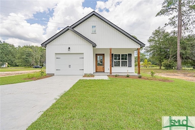 modern farmhouse style home with a garage, concrete driveway, and a front yard