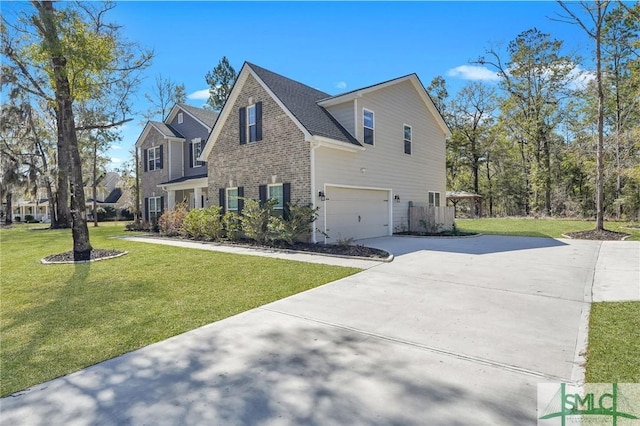 view of property exterior with an attached garage, driveway, and a yard