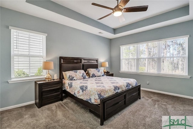 bedroom with carpet floors, a tray ceiling, multiple windows, and baseboards