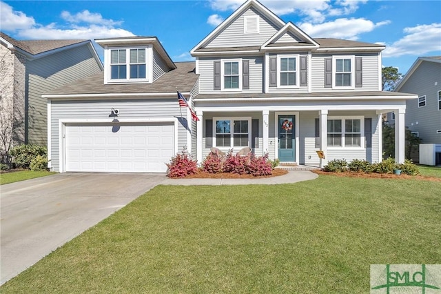 view of front facade with driveway, an attached garage, a porch, and a front lawn