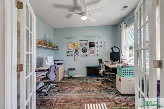 office with a ceiling fan, french doors, visible vents, and baseboards