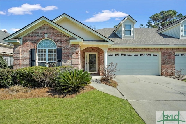 view of front of house with a garage, brick siding, driveway, and a shingled roof