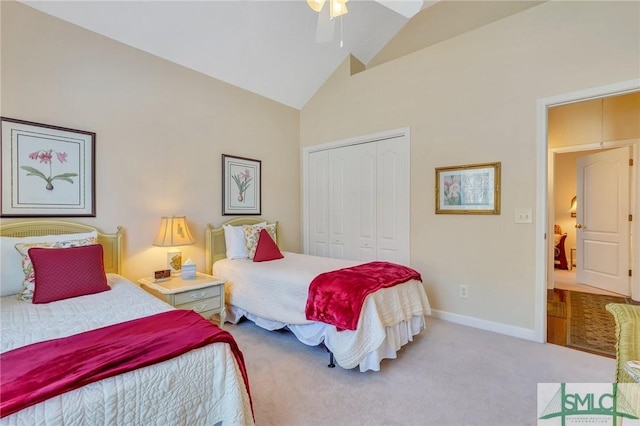 carpeted bedroom featuring ceiling fan, high vaulted ceiling, a closet, and baseboards