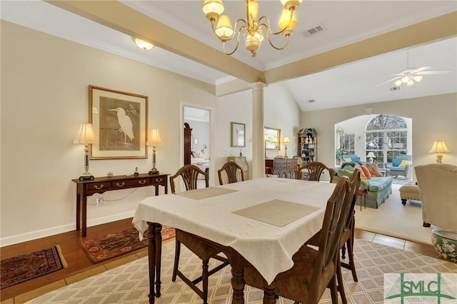 dining area with ceiling fan with notable chandelier, visible vents, baseboards, light wood-type flooring, and decorative columns