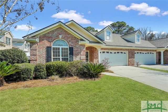 view of front of property featuring brick siding, a shingled roof, concrete driveway, a front yard, and a garage