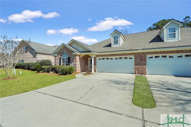 view of front facade featuring concrete driveway, brick siding, an attached garage, and a front lawn