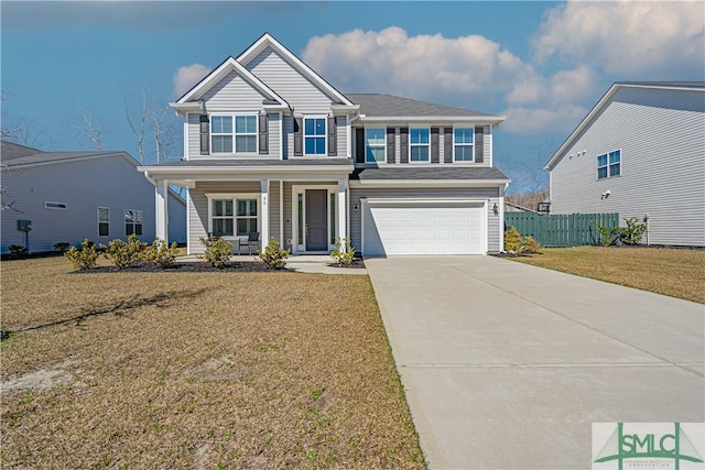 view of front of property with a porch, a garage, fence, concrete driveway, and a front lawn