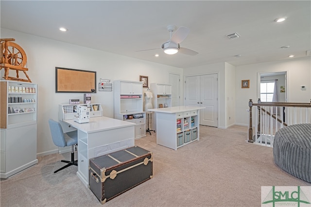 office featuring baseboards, visible vents, a ceiling fan, light colored carpet, and recessed lighting