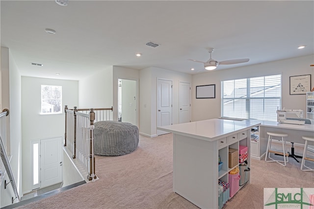 kitchen featuring light colored carpet, a healthy amount of sunlight, and open shelves