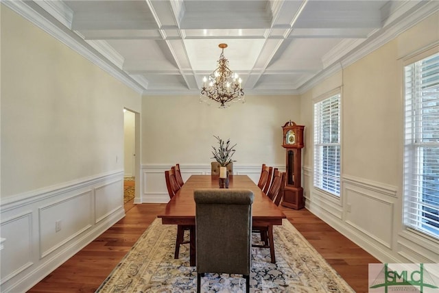 dining room featuring a chandelier, coffered ceiling, dark wood-type flooring, and beamed ceiling