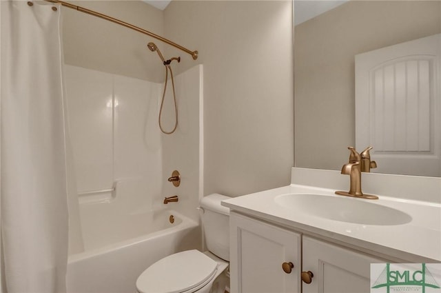 full bath with toilet, shower / tub combo with curtain, and vanity