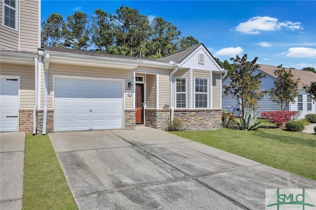 single story home featuring an attached garage, board and batten siding, stone siding, driveway, and a front lawn