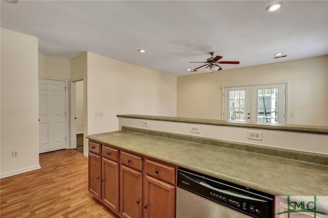 kitchen with recessed lighting, a ceiling fan, stainless steel dishwasher, brown cabinets, and light wood finished floors