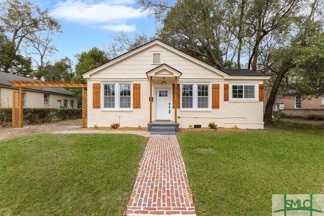 bungalow-style house with a front lawn, crawl space, and stucco siding