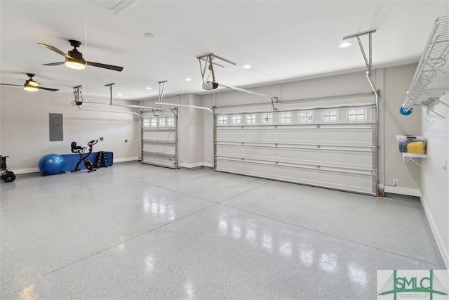 garage with baseboards, electric panel, and a garage door opener