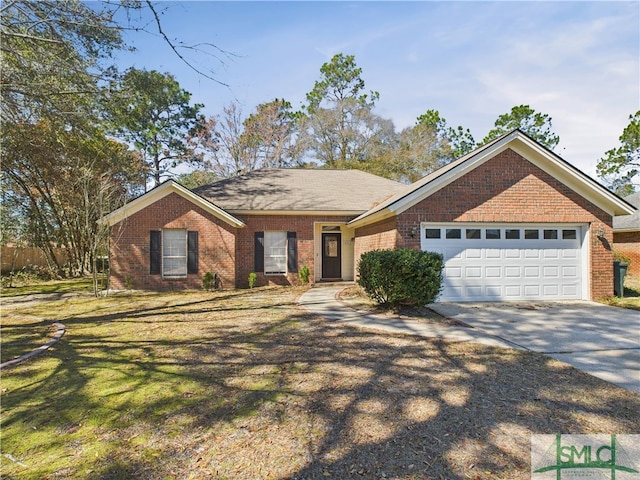 ranch-style home with a front lawn, concrete driveway, brick siding, and an attached garage