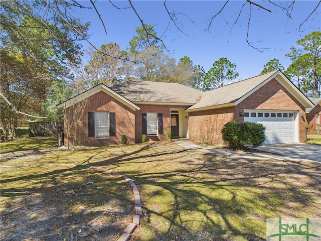 ranch-style home featuring a garage, brick siding, driveway, and a front lawn