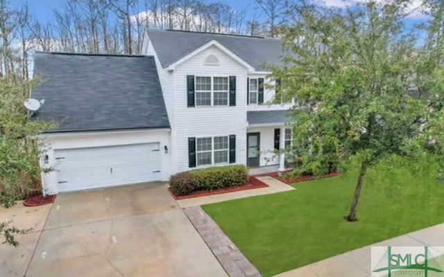 traditional-style home with a garage, concrete driveway, and a front lawn