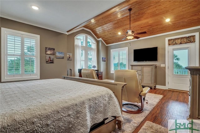 bedroom with multiple windows, ornamental molding, vaulted ceiling, and dark wood-type flooring