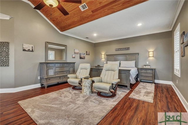 bedroom featuring baseboards, dark wood-style floors, visible vents, and crown molding