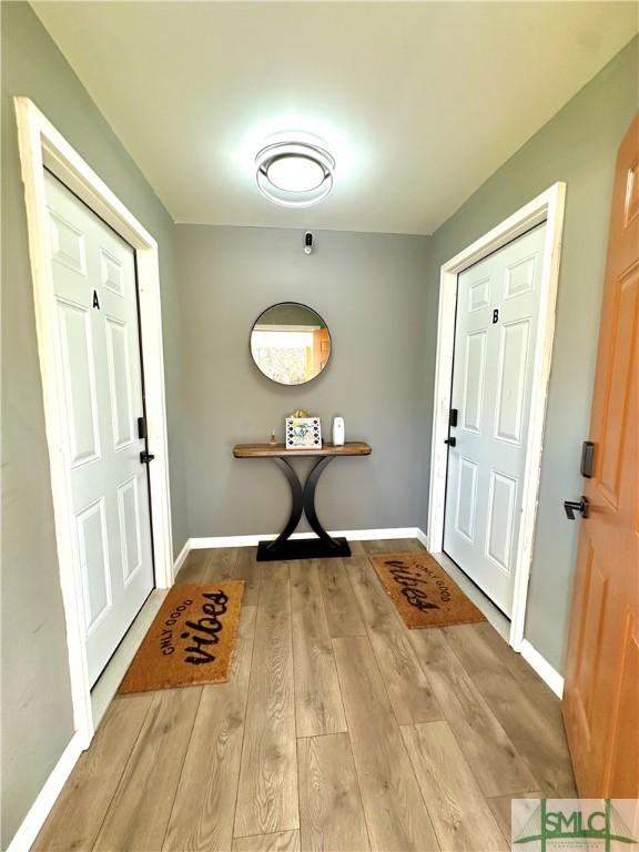 entrance foyer with baseboards and wood finished floors