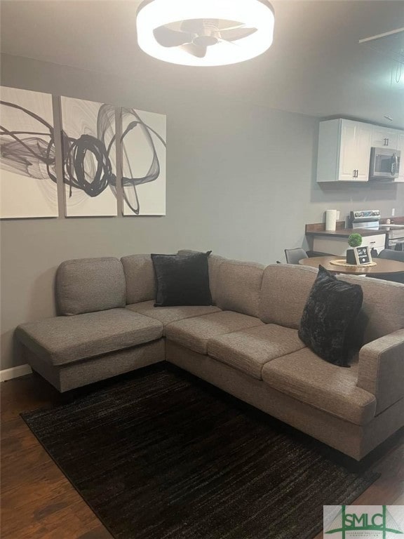 living room featuring dark wood-type flooring