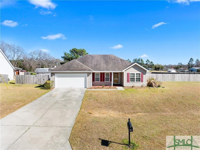 ranch-style home with an attached garage, fence, a front lawn, and concrete driveway