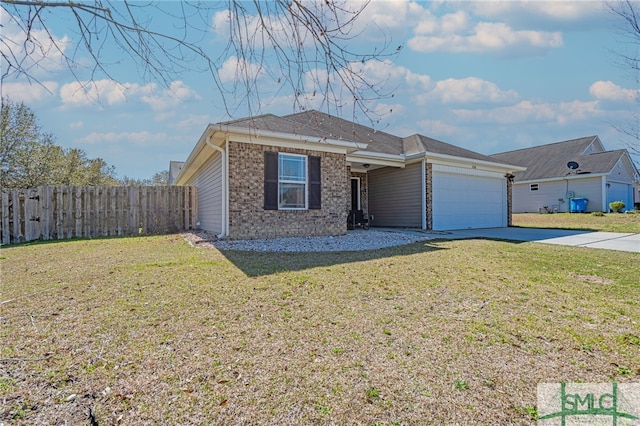 ranch-style home with concrete driveway, an attached garage, fence, a front lawn, and brick siding