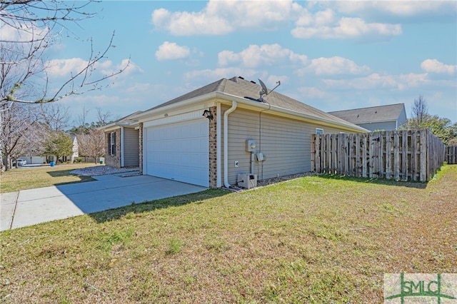 view of home's exterior with an attached garage, brick siding, fence, driveway, and a lawn