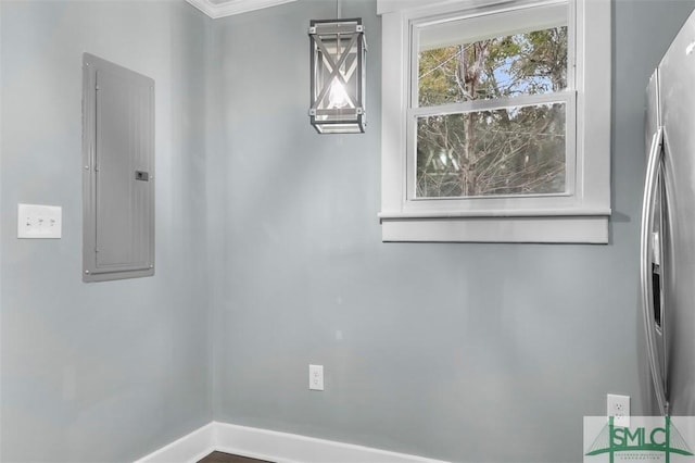 unfurnished dining area with electric panel and baseboards