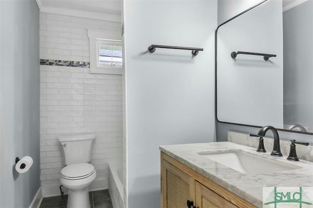 bathroom with a shower, toilet, a tub, tile patterned flooring, and vanity