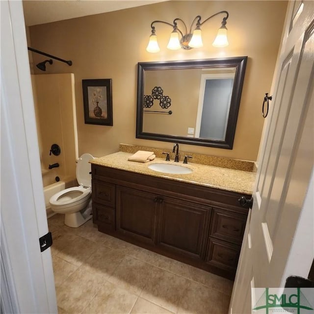 full bathroom with vanity, bathing tub / shower combination, toilet, and tile patterned flooring