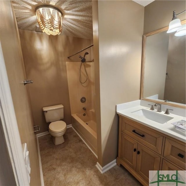 bathroom featuring shower / bathtub combination, toilet, vanity, and baseboards