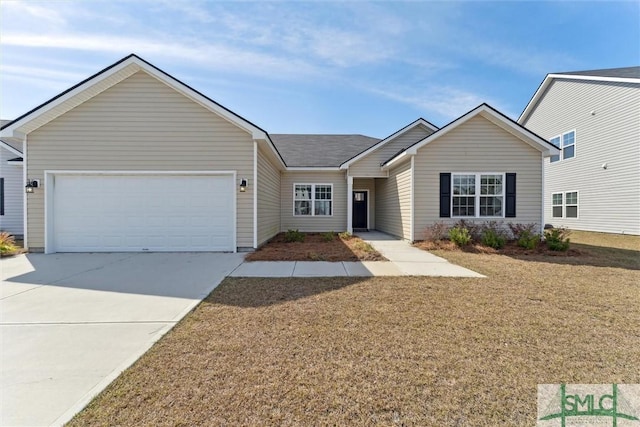 single story home with a garage, driveway, and a front yard