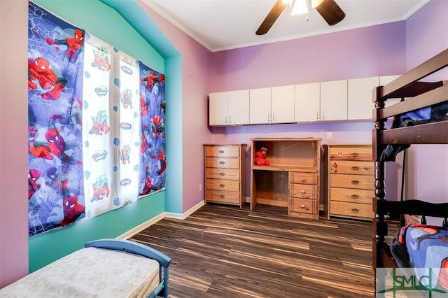 bedroom with ornamental molding, wood finished floors, a ceiling fan, and baseboards