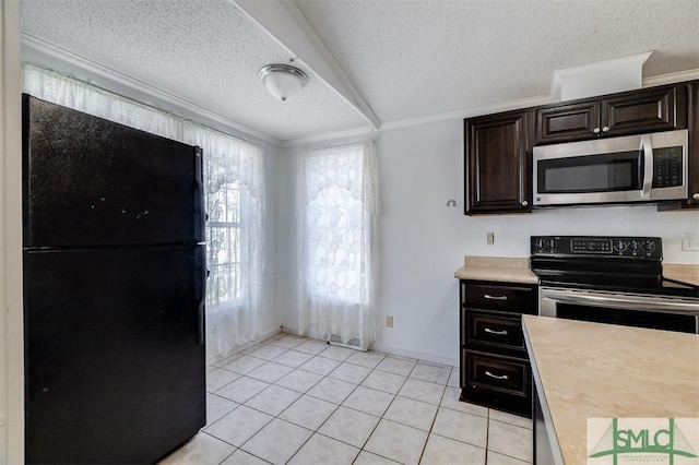 kitchen with a textured ceiling, stainless steel appliances, ornamental molding, and light countertops