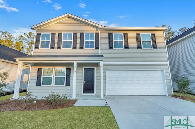 traditional home with driveway, a garage, and a porch