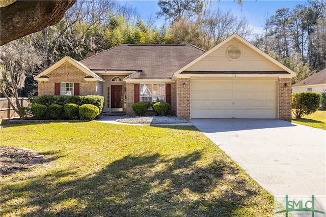 ranch-style home featuring driveway, brick siding, an attached garage, and a front yard