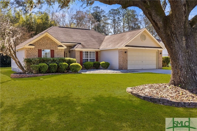 ranch-style home with brick siding, an attached garage, and a front yard