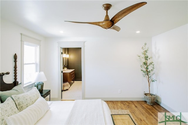 bedroom with light wood-type flooring, baseboards, a ceiling fan, and recessed lighting