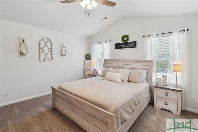 bedroom with lofted ceiling, baseboards, visible vents, and light colored carpet